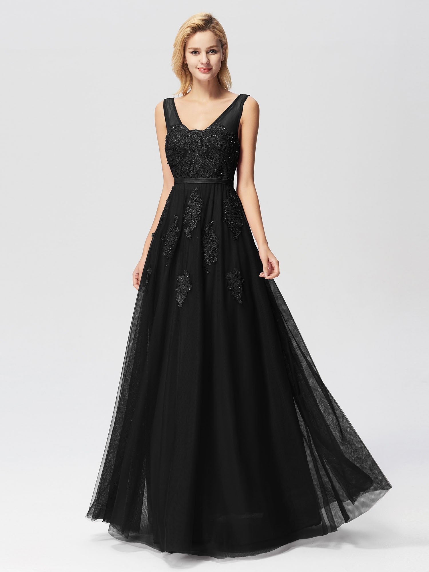 Tulle A-Line/Princess Floor-Length Appliques Lace Prom Dresses