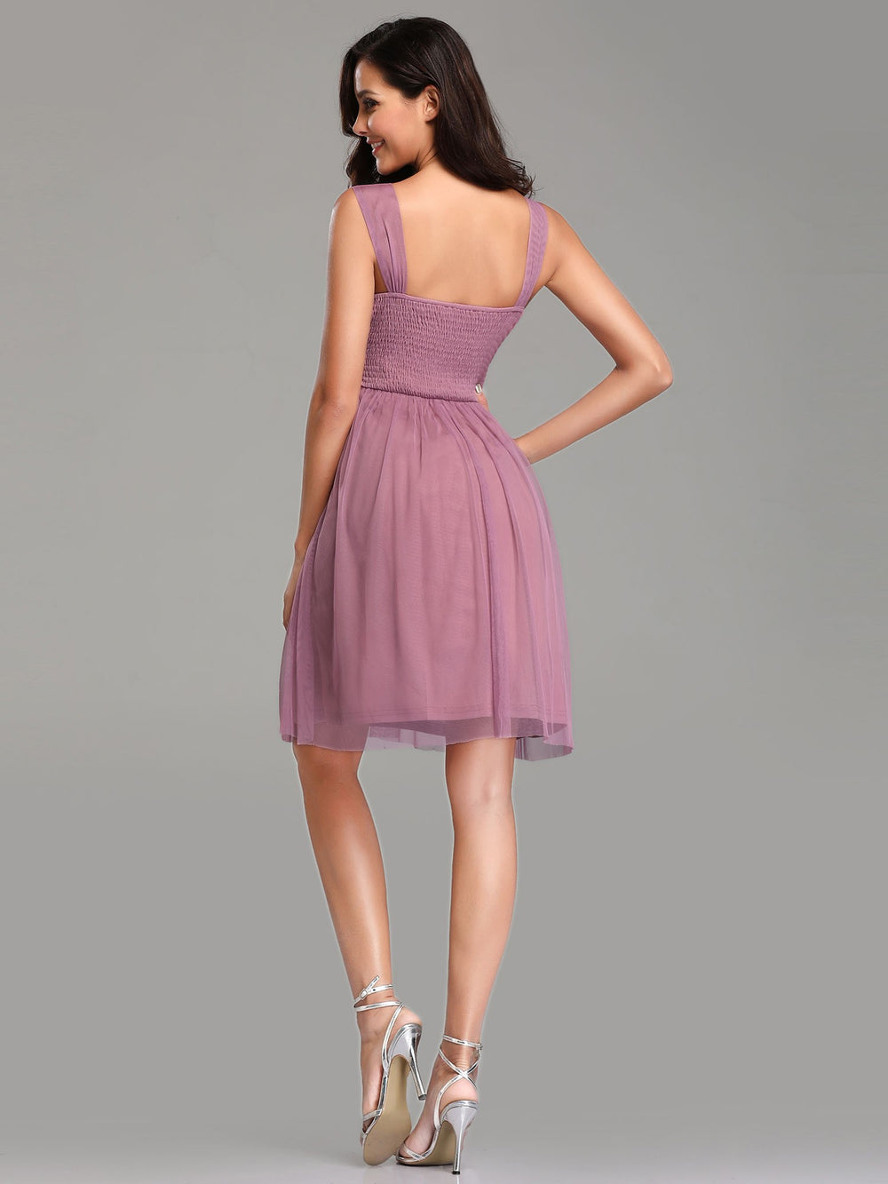 Short Ruched Tulle A-Line Cocktail Dress with Smocked Back
