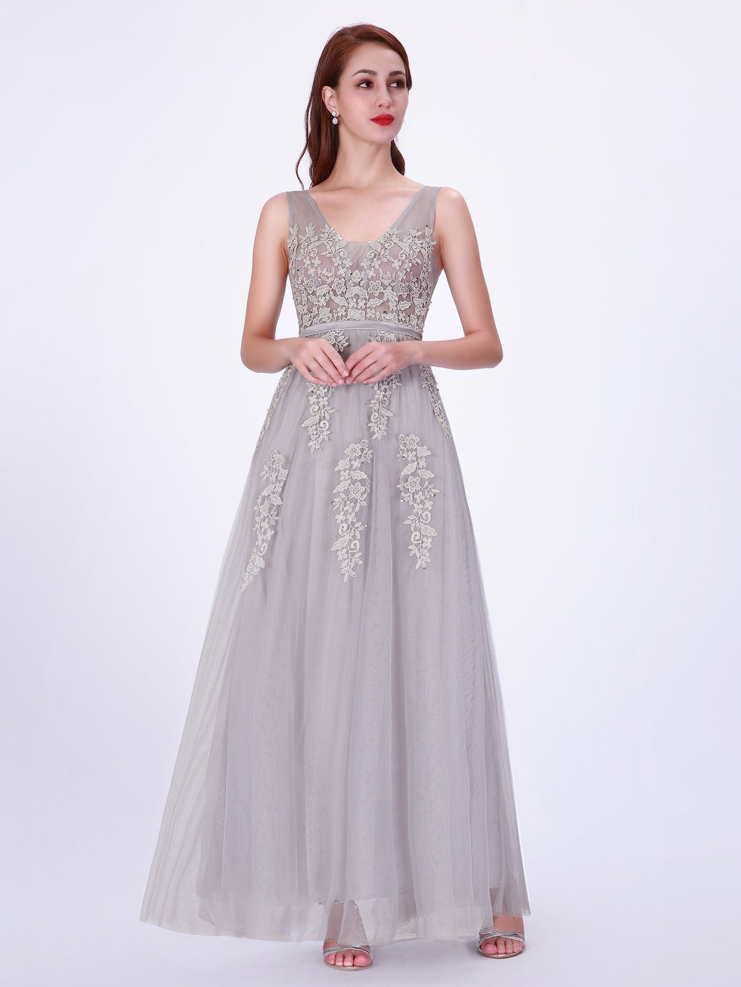 Tulle  Appliques Lace Floor-Length Prom Dresses