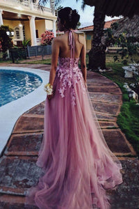 Halter Open Back  Tulle Appliques Lace Prom Dresses