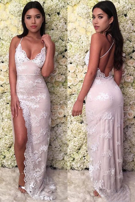 Spaghetti Straps Appliques Lace Floor-Length Prom Dresses