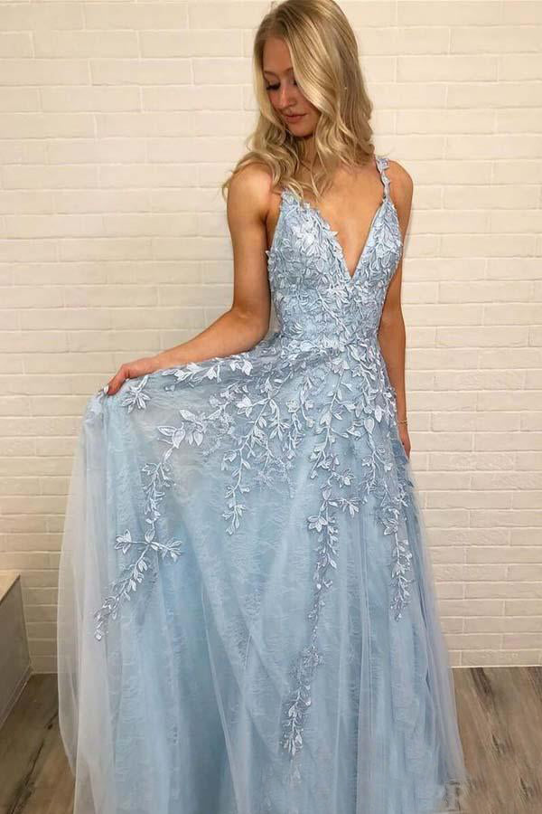 Tulle New V-neckTulle Appliques Lace Prom Dresses
