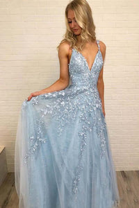 Tulle New V-neckTulle Appliques Lace Prom Dresses