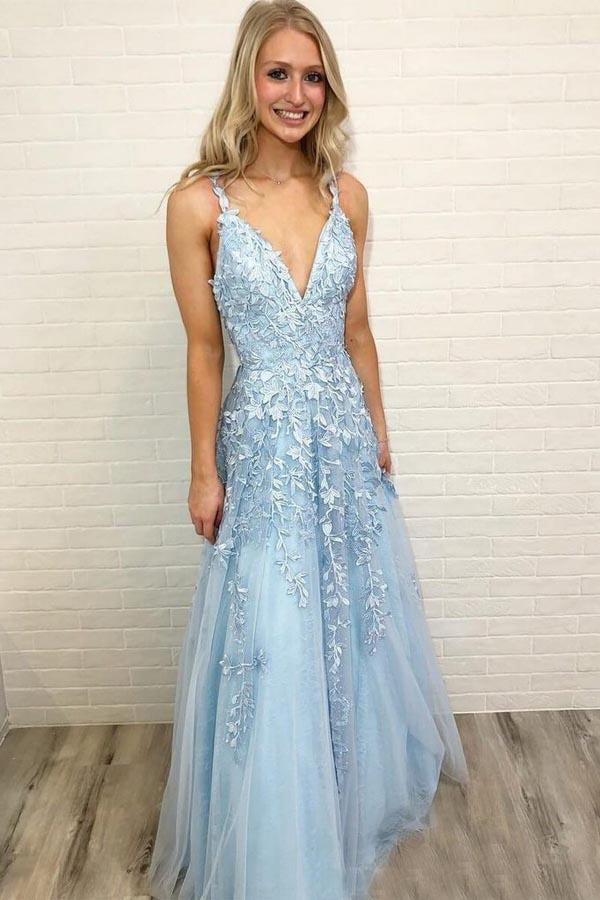 Tulle New V-neckTulle Appliques Lace Prom Dresses