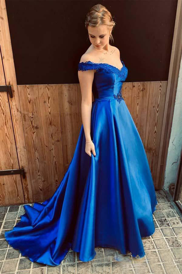 Off-the-Shoulder Satin Sweep Train Prom Dresses