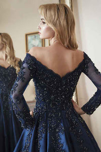 Appliques Lace Long Sleeves Off-the-Shoulder Prom Dresses