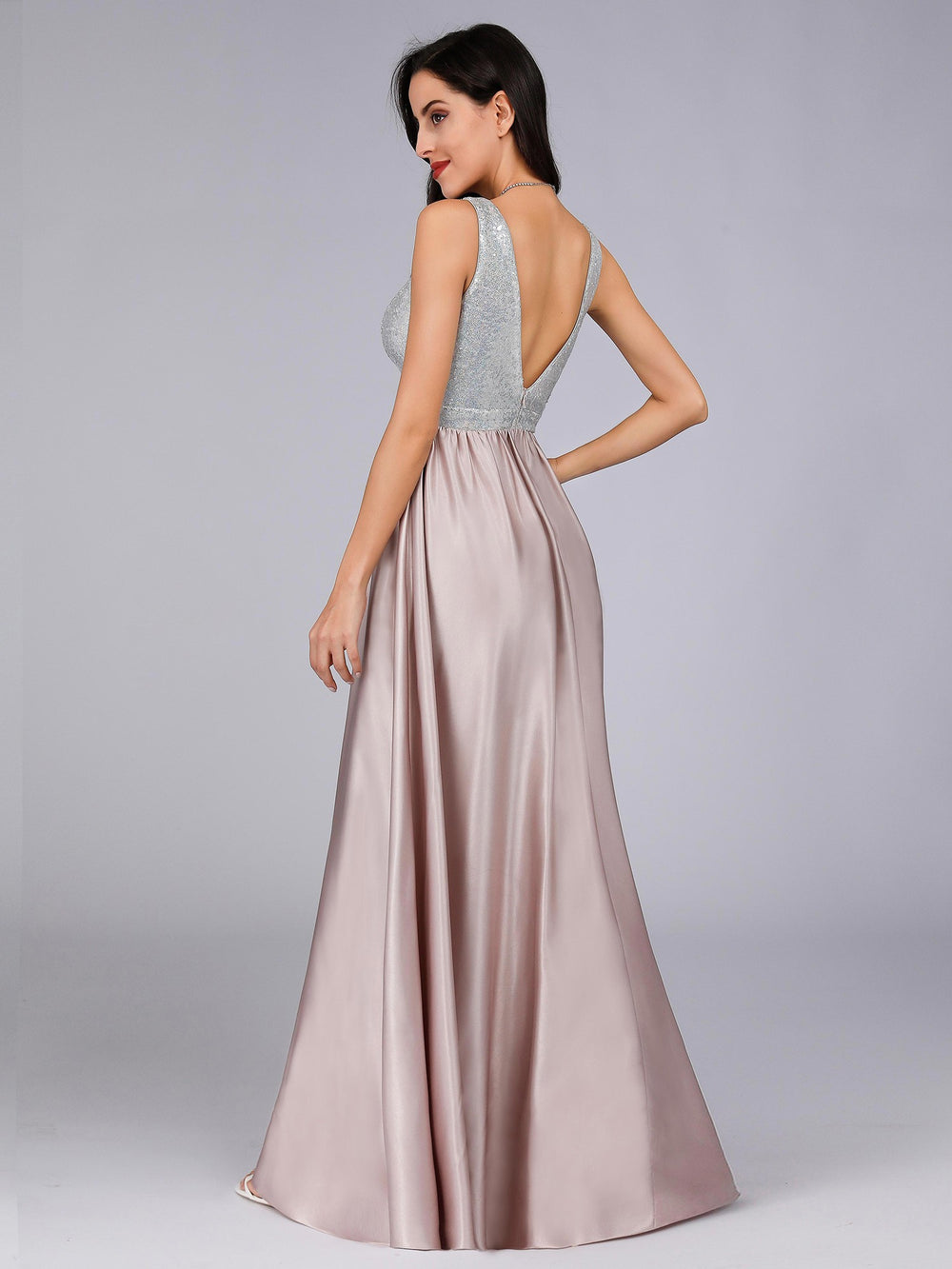 V-Back Sequin-Bodice Stretch Satin A-Line Prom Dress with Slit