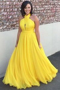 Chiffon Yellow Halter  Long Bridesmaids Dresses