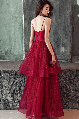 V-neck Red Spaghetti Straps Prom Dresses