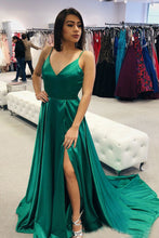 Green Satin A-Line/Princess  Sweep Train Long Prom Dresses