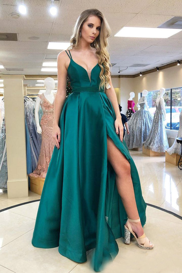 Green Satin A-Line/Princess  Sweep Train Long Prom Dresses