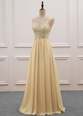 Sequined  Spaghetti Straps Chiffon Long Prom Dresses