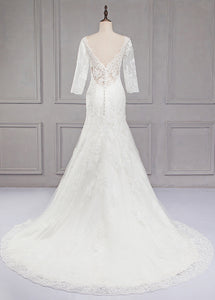 Sweep Train V-neck 3/4 Sleeves Lace Wedding Dresses