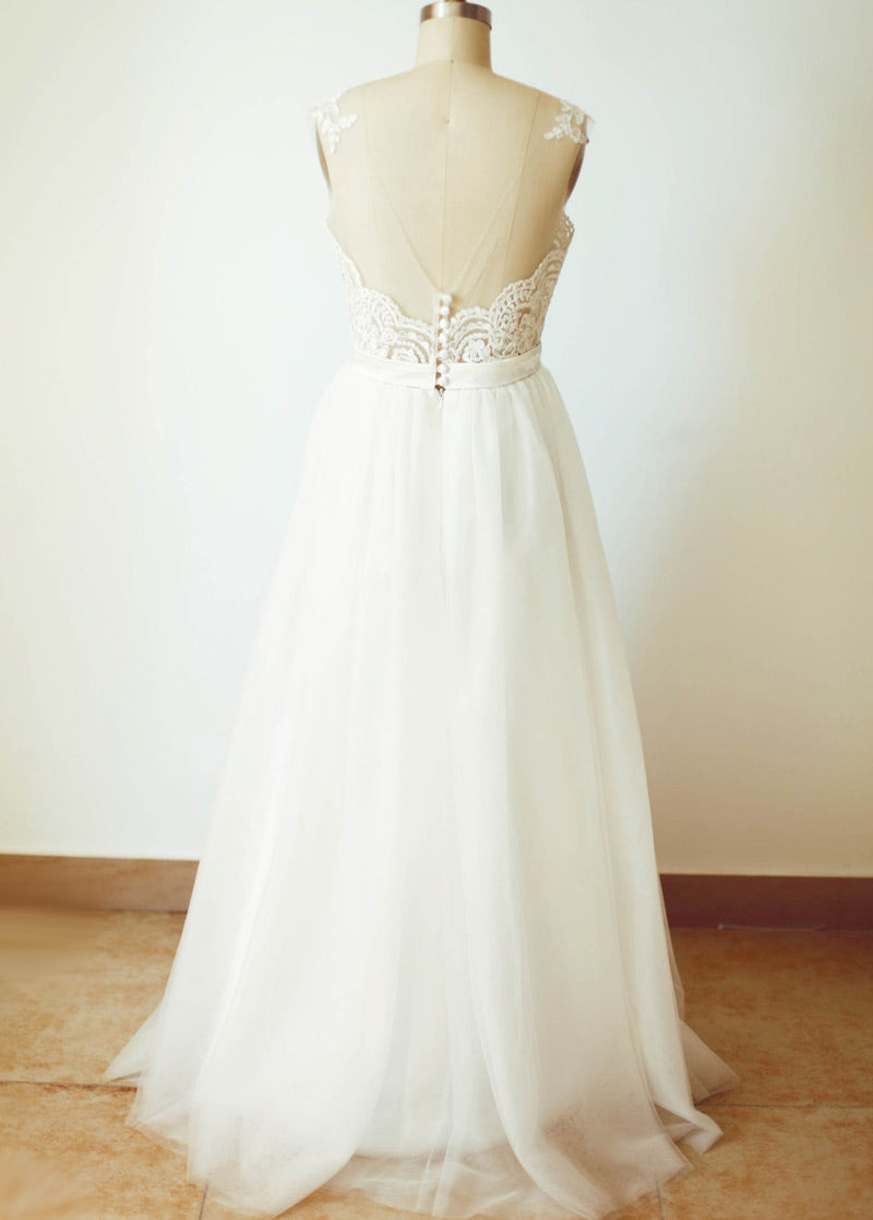 Tulle A-Line Wedding Dress with Lace Bodice and Illusion Back
