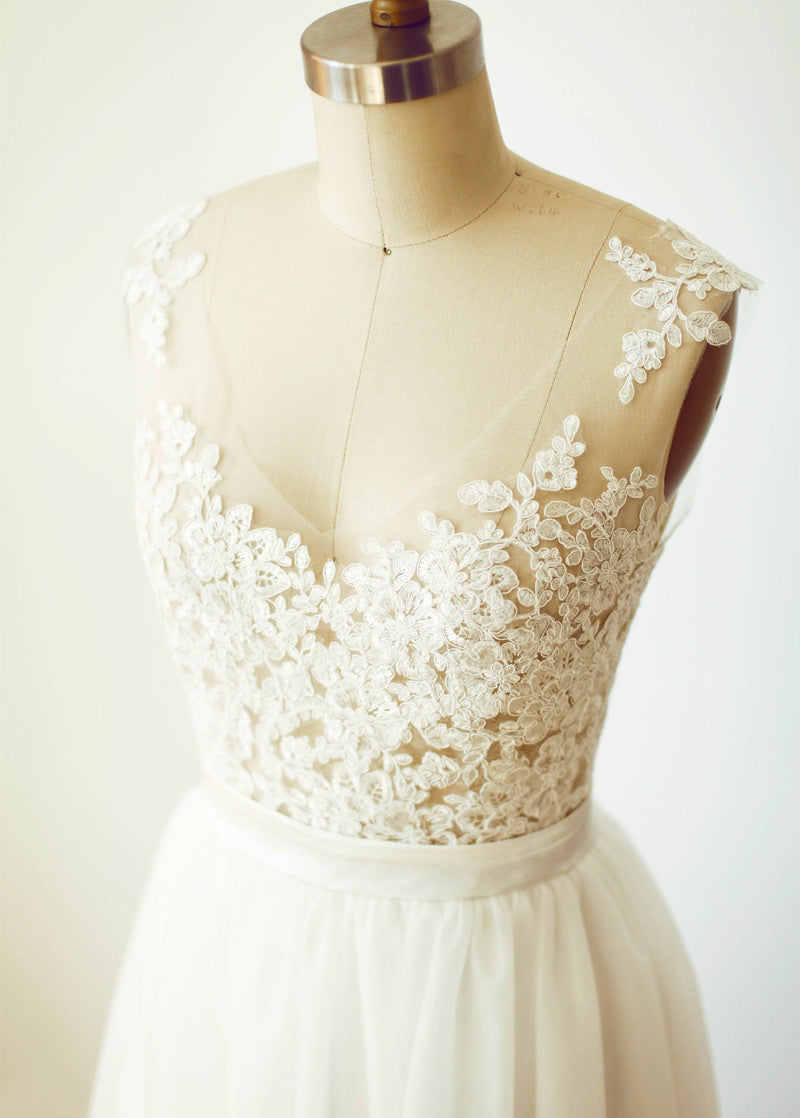 Tulle A-Line Wedding Dress with Lace Bodice and Illusion Back