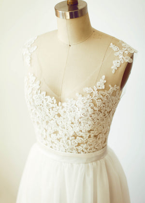 Ivory Tulle A-Line Wedding Dress with Lace Bodice and Illusion Back