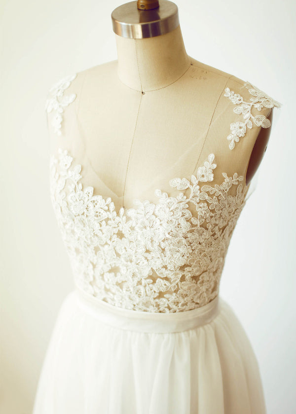 Ivory Tulle A-Line Wedding Dress with Lace Bodice and Illusion Back