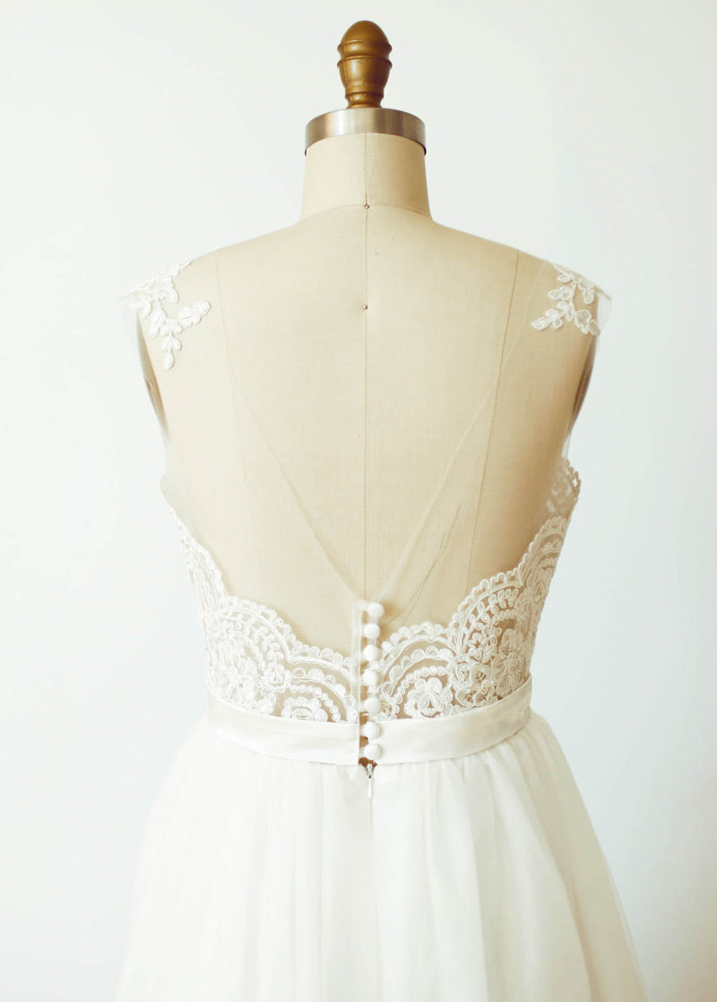 Tulle A-Line Wedding Dress with Lace Bodice and Illusion Back
