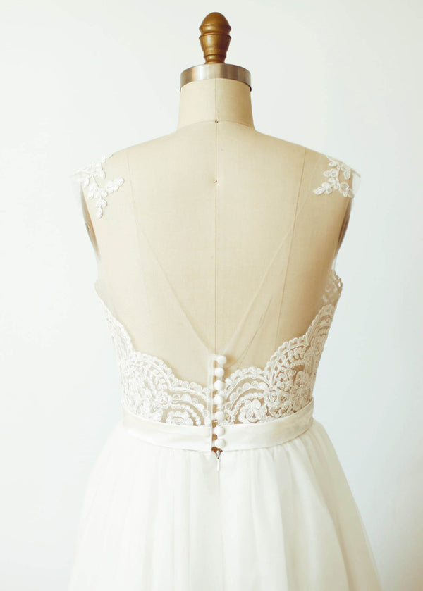 Ivory Tulle A-Line Wedding Dress with Lace Bodice and Illusion Back