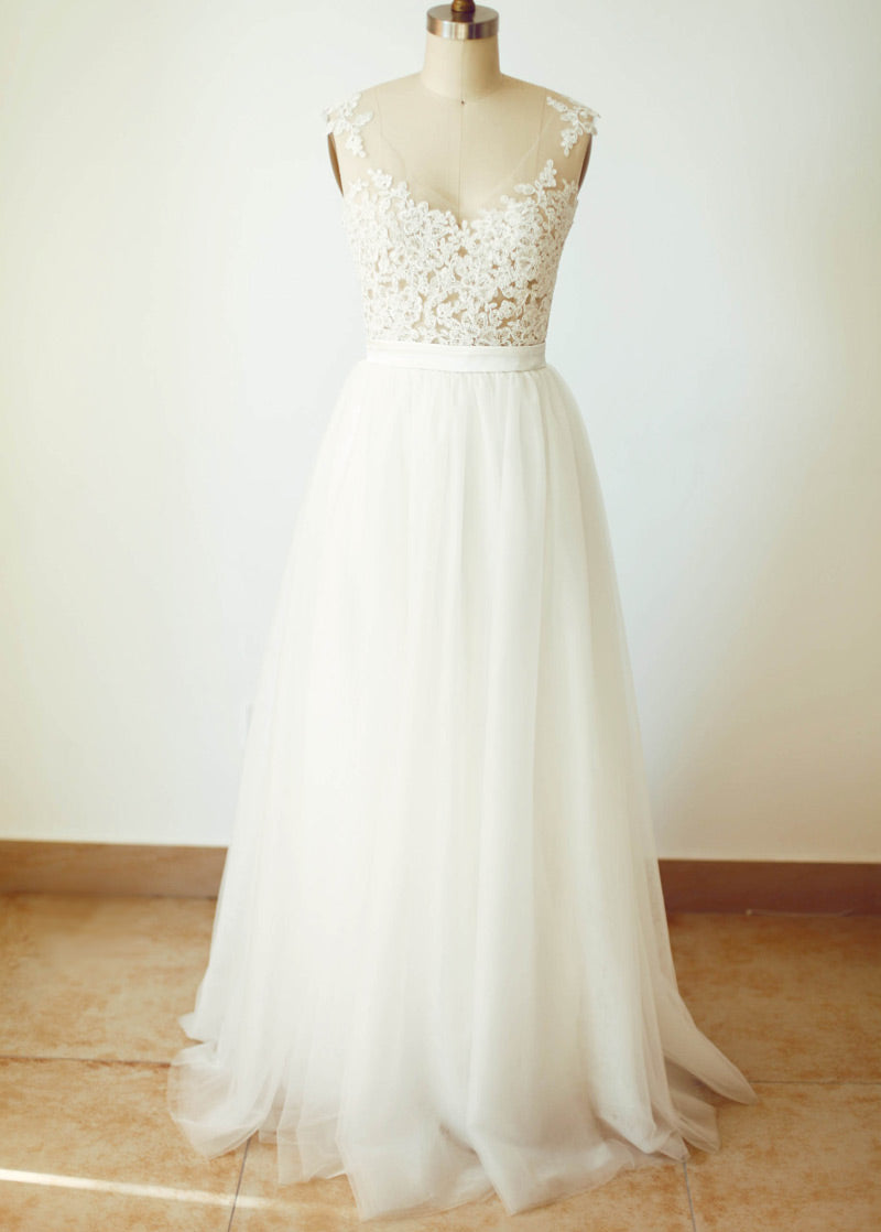 Tulle A-Line Wedding Dress with Lace Bodice and Illusion Back