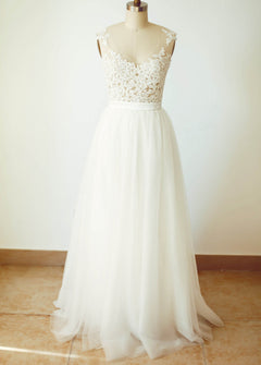 Ivory Tulle A-Line Wedding Dress with Lace Bodice and Illusion Back