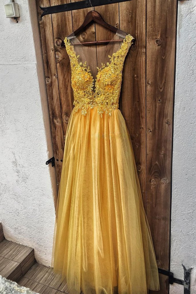 Plunging Tulle A-Line Prom Dress with Floral Illusion Bodice