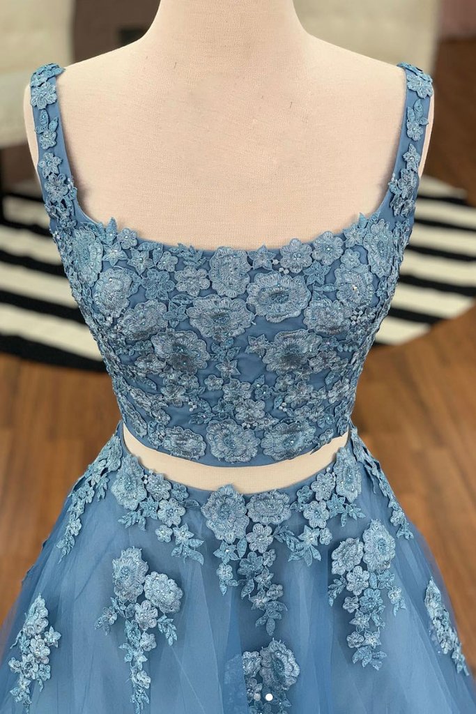 Two-Piece Floral-Applique Tulle A-Line Prom Dress