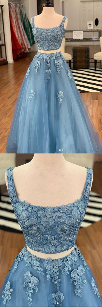 Two-Piece Floral-Applique Tulle A-Line Prom Dress