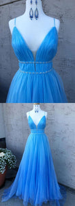 Blue Sleeveless V-neck Prom Dresses
