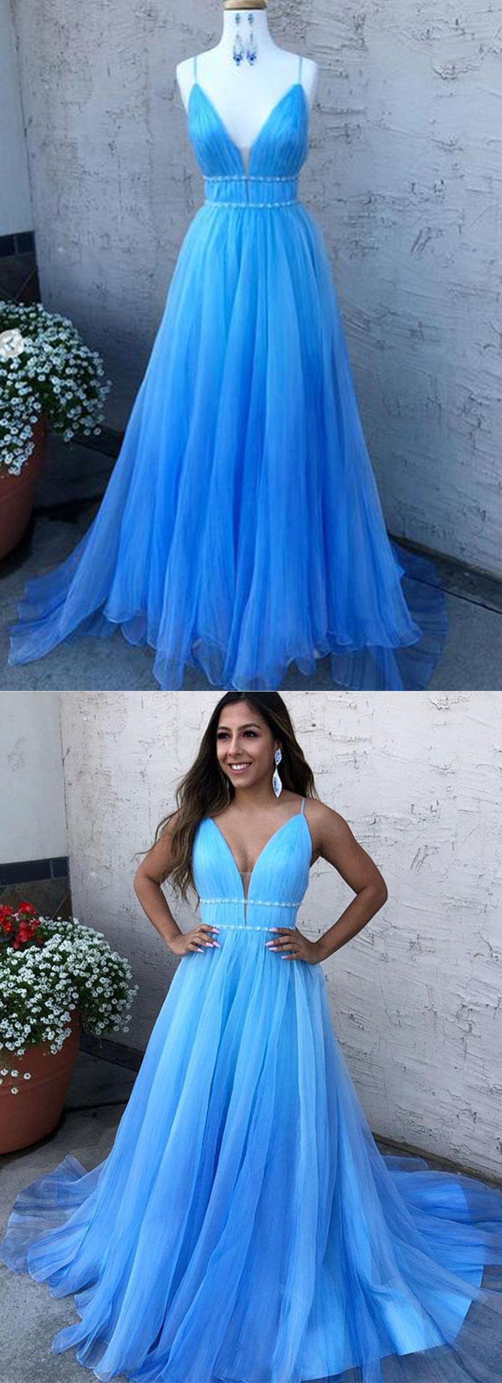 Plunging Tulle A-Line Prom Dress with Train