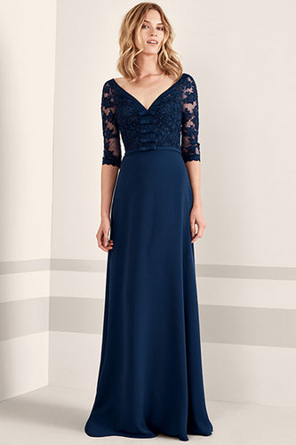 V-neck 1/2 Sleeves Long Formal Prom Dresses