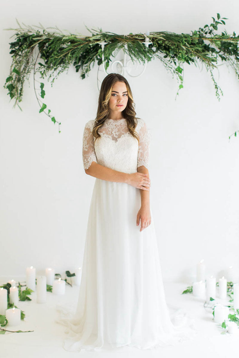 A-Line/Princess Chapel Train Chiffon Lace Wedding Dress With Beading Sequins Bow