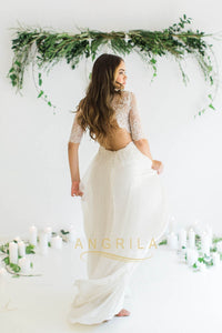 A-Line/Princess Chapel Train Chiffon Lace Wedding Dress With Beading Sequins Bow