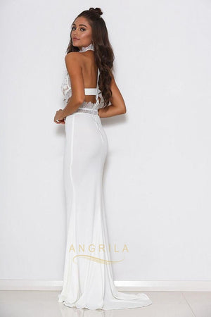 White High-Neck Lace and Matte Satin Mermaid Wedding Dress