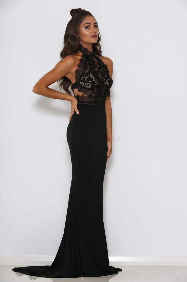 High-Neck Lace and Matte Satin Mermaid Evening Dress