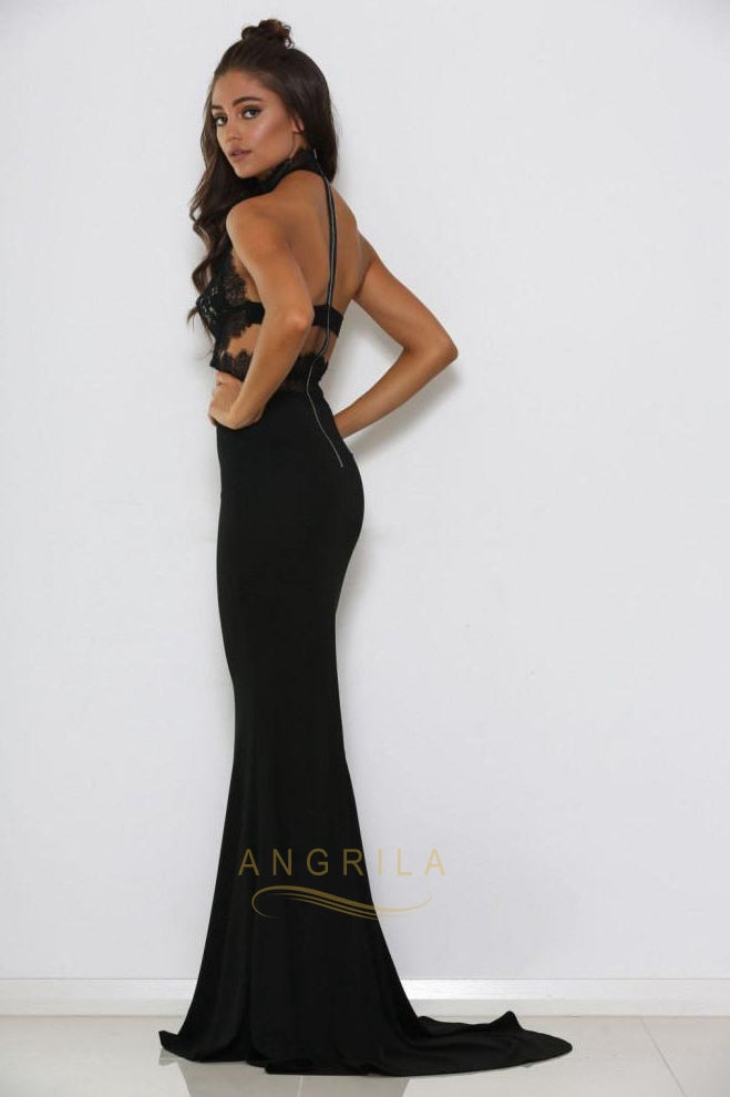 High-Neck Lace and Matte Satin Mermaid Evening Dress