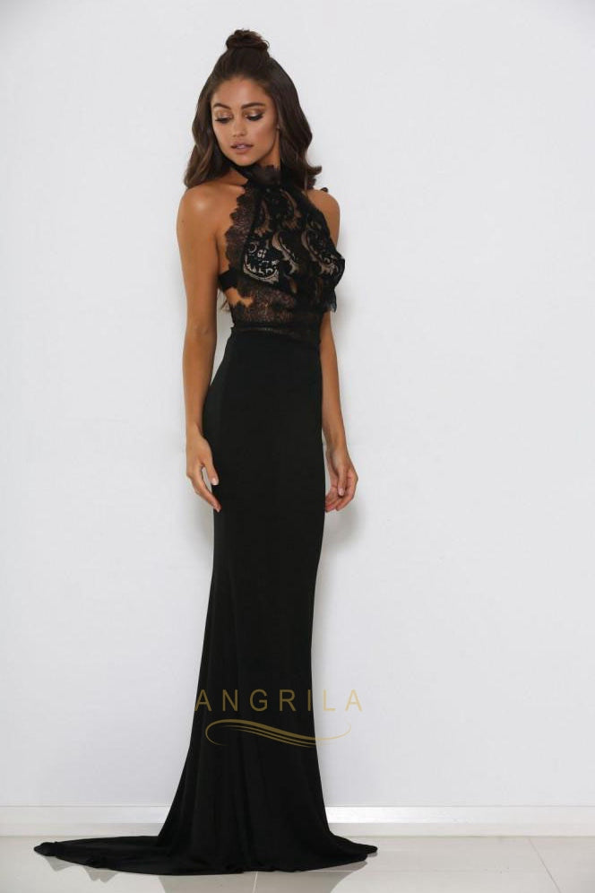 High-Neck Lace and Matte Satin Mermaid Evening Dress