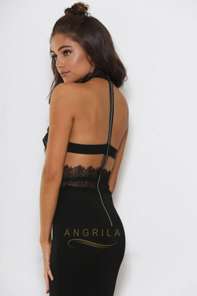 High-Neck Lace and Matte Satin Mermaid Evening Dress