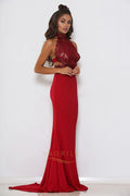 Red High-Neck Lace and Matte Satin Mermaid Evening Dress