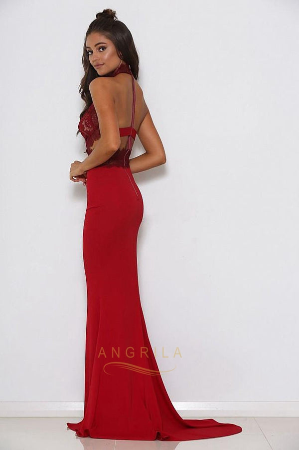 Red High-Neck Lace and Matte Satin Mermaid Evening Dress