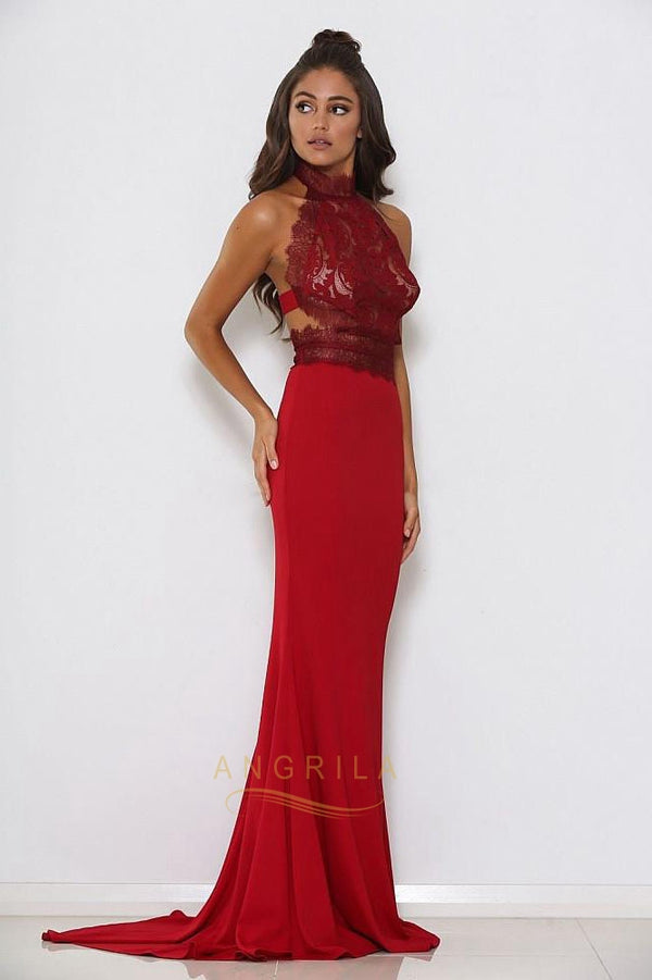 Red High-Neck Lace and Matte Satin Mermaid Evening Dress