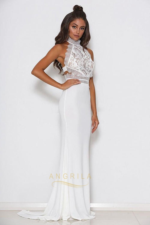White High-Neck Lace and Matte Satin Mermaid Wedding Dress
