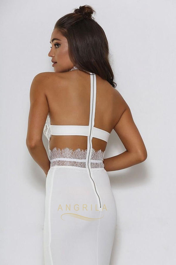 White High-Neck Lace and Matte Satin Mermaid Wedding Dress
