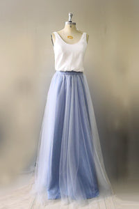 Two-Piece Simple V-Neck Sleeveless Tulle Ruched A-Line Long Bridesmaid Dress
