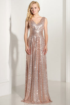 Rose Gold Ruched V-Neck Sequin A-Line Evening Gown