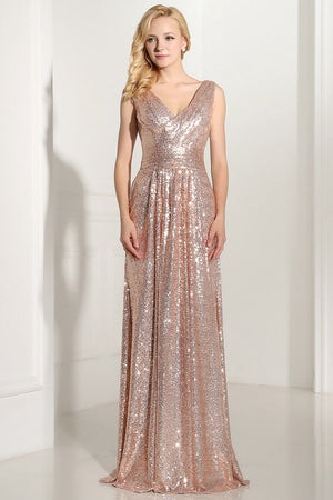 Rose Gold Ruched V-Neck Sequin A-Line Evening Gown