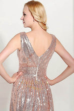 Sleeveless V-neck Long Sequined Formal Prom Dresses