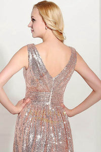 Sleeveless V-neck Long Sequined Formal Prom Dresses