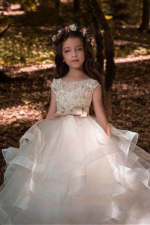 Ball-Gown Scoop Neck Champagne Flower Girl Dress with Bow(s)