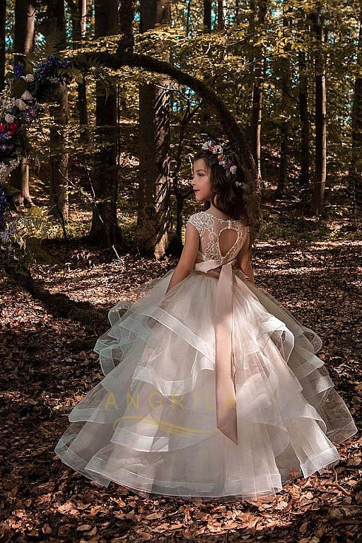 Ball-Gown Scoop Neck Champagne Flower Girl Dress with Bows – Angrila